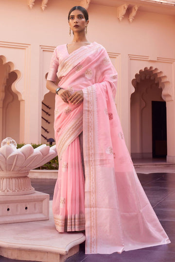 Pink Pure Linen Woven Saree for Party