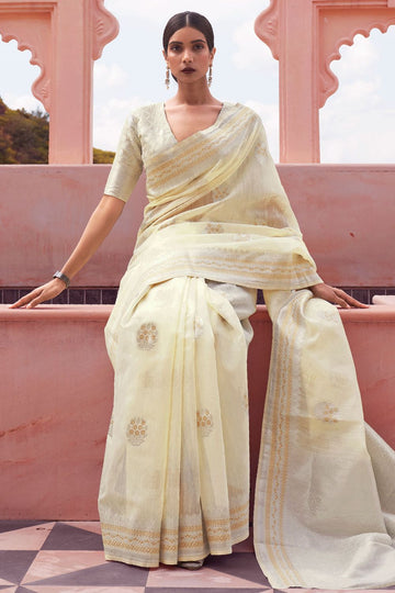 Cream Pure Linen Woven Saree for Party