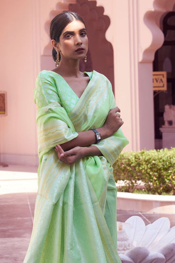 Pista Green Pure Linen Woven Saree for Party