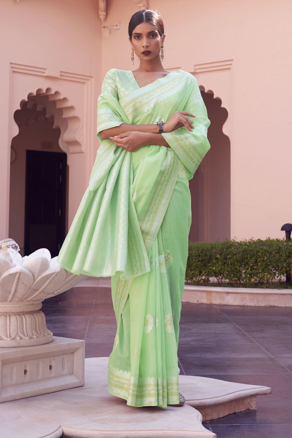 Pista Green Pure Linen Woven Saree for Party