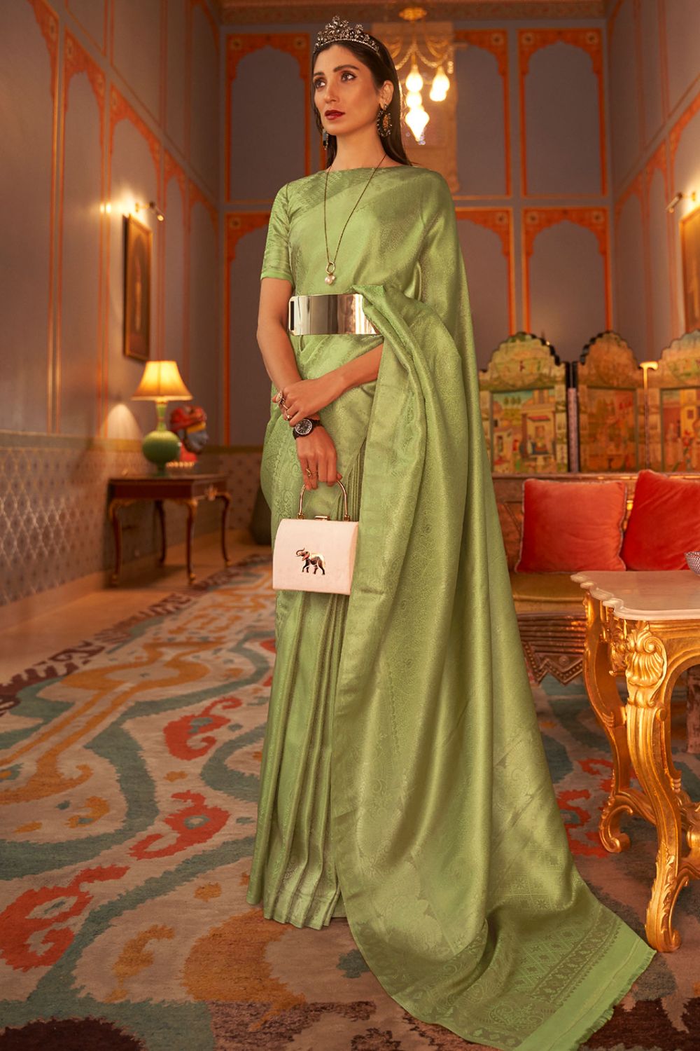 Pistachio Green Woven Silk Saree for Party