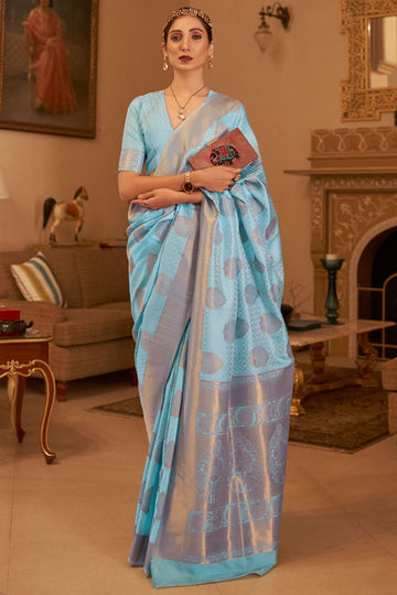 Breeze Blue Zari Weaving Silk Party Wear Saree