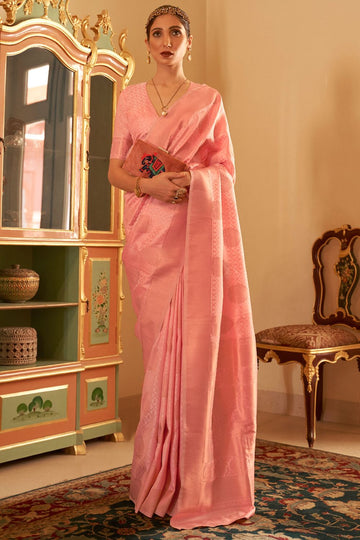 Blush Peach Zari Weaving Silk Party Wear Saree