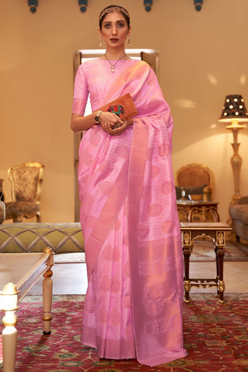 Carnation Pink Zari Weaving Silk Party Wear Saree