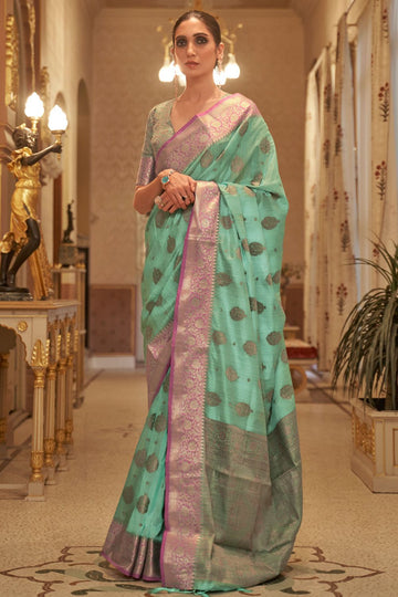 Sea Green Handloom Silk Saree for Party