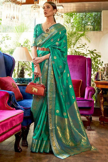 Rama Green Kanjivaram Silk Weaing Work Saree for Ceremonial