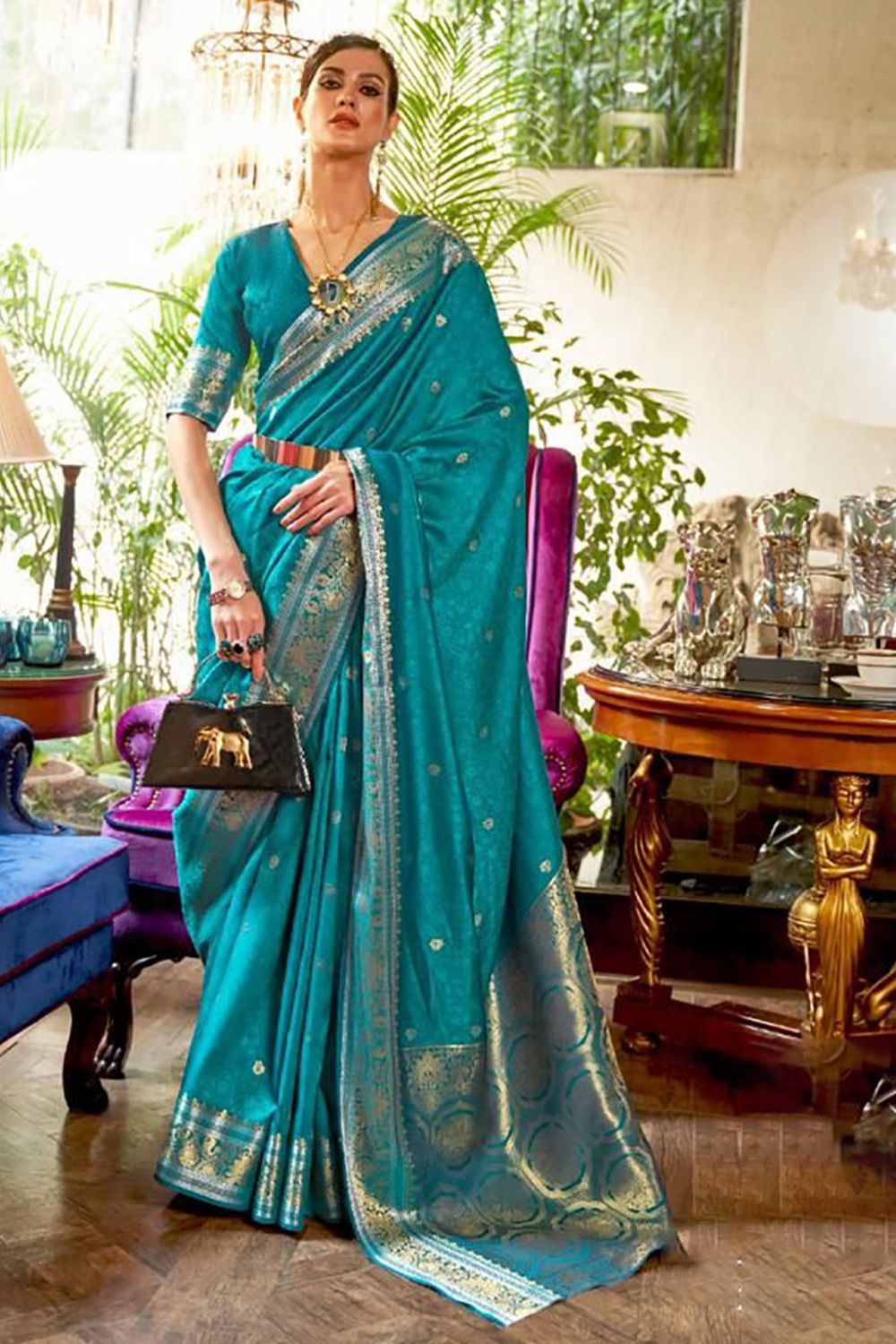 Peacock Blue Kanjivaram Silk Weaing Work Saree for Ceremonial