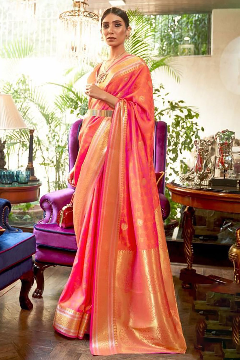 Coral Pink Kanjivaram Raw Silk Woven Saree for Ceremonial