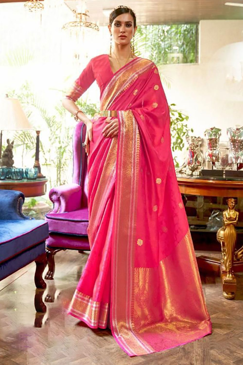 Rani Pink Kanjivaram Silk Weaing Work Saree for Ceremonial