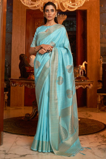 Sky Blue Handloom Silk Saree for Festival