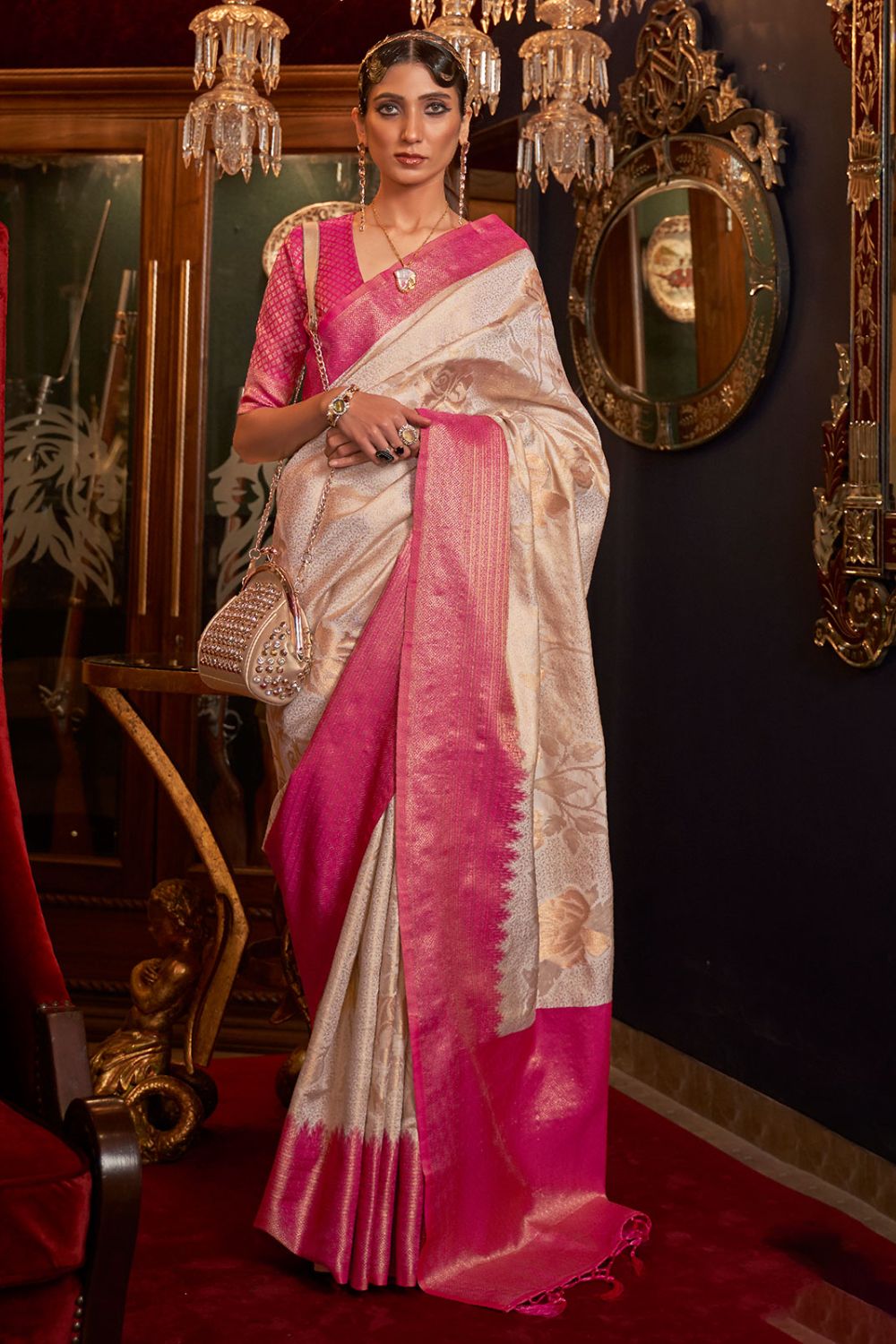 Cream Zari Handloom Silk Woven Saree