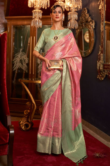 Cherry Pink Zari Handloom Silk Woven Saree