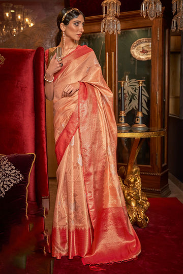 Peach Zari Handloom Silk Woven Saree