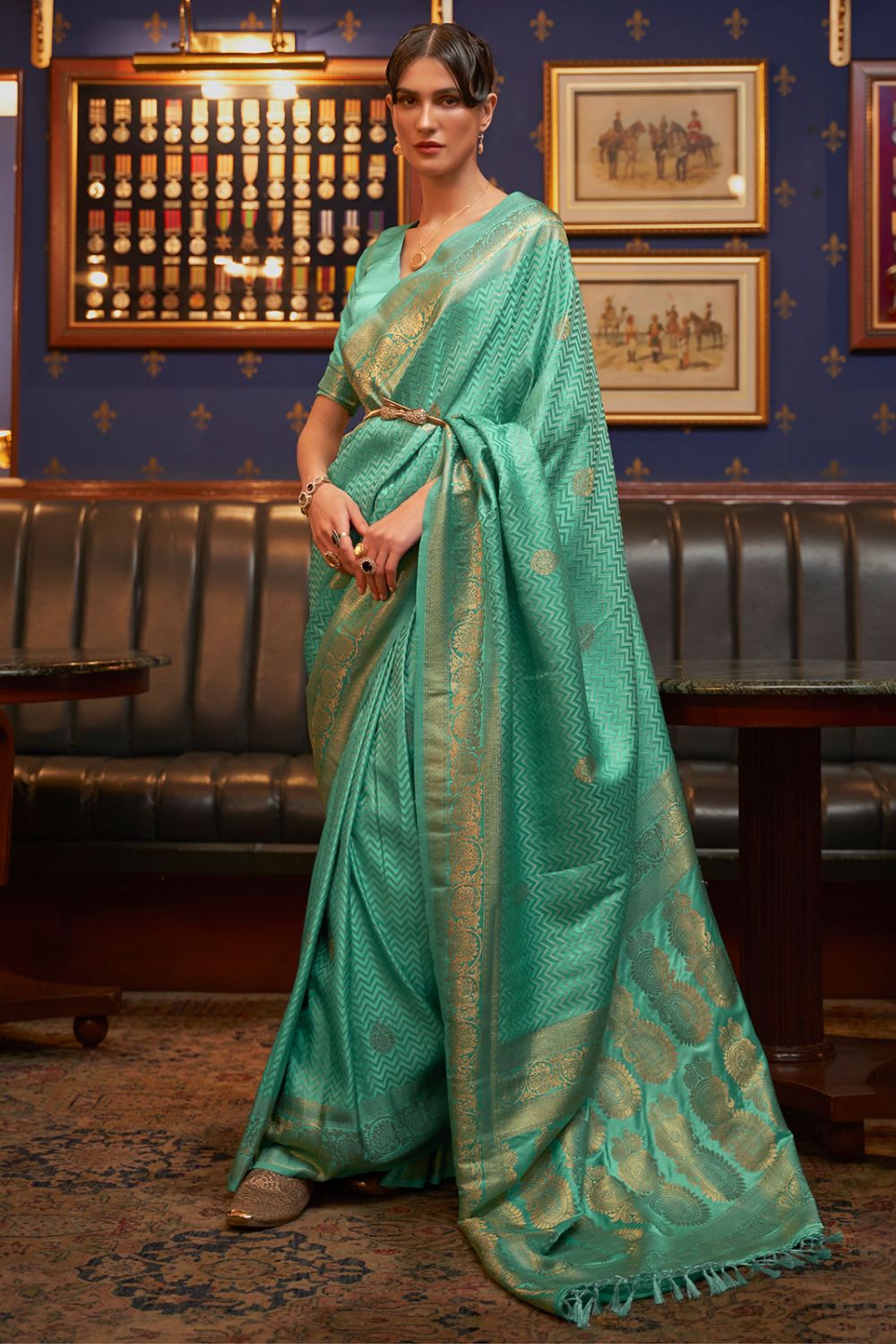 Sea Green Pure Satin Weaving Silk Saree for Festival