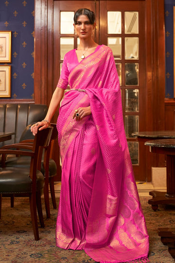 Rani Pink Pure Satin Weaving Silk Saree for Festival