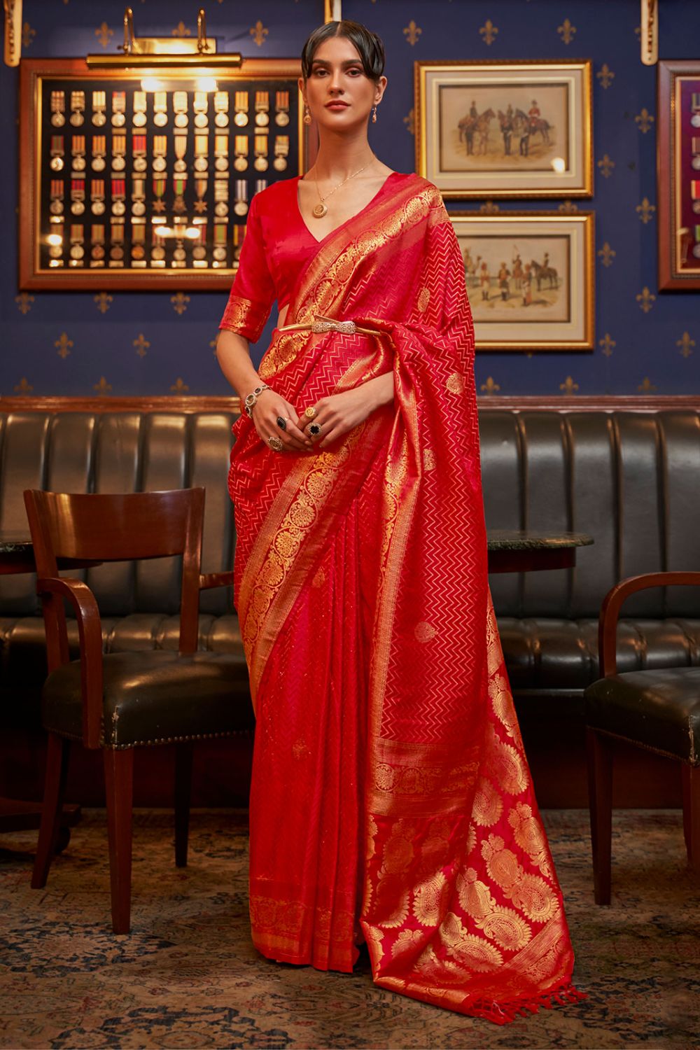 Crimson Red Pure Satin Weaving Silk Saree for Festival