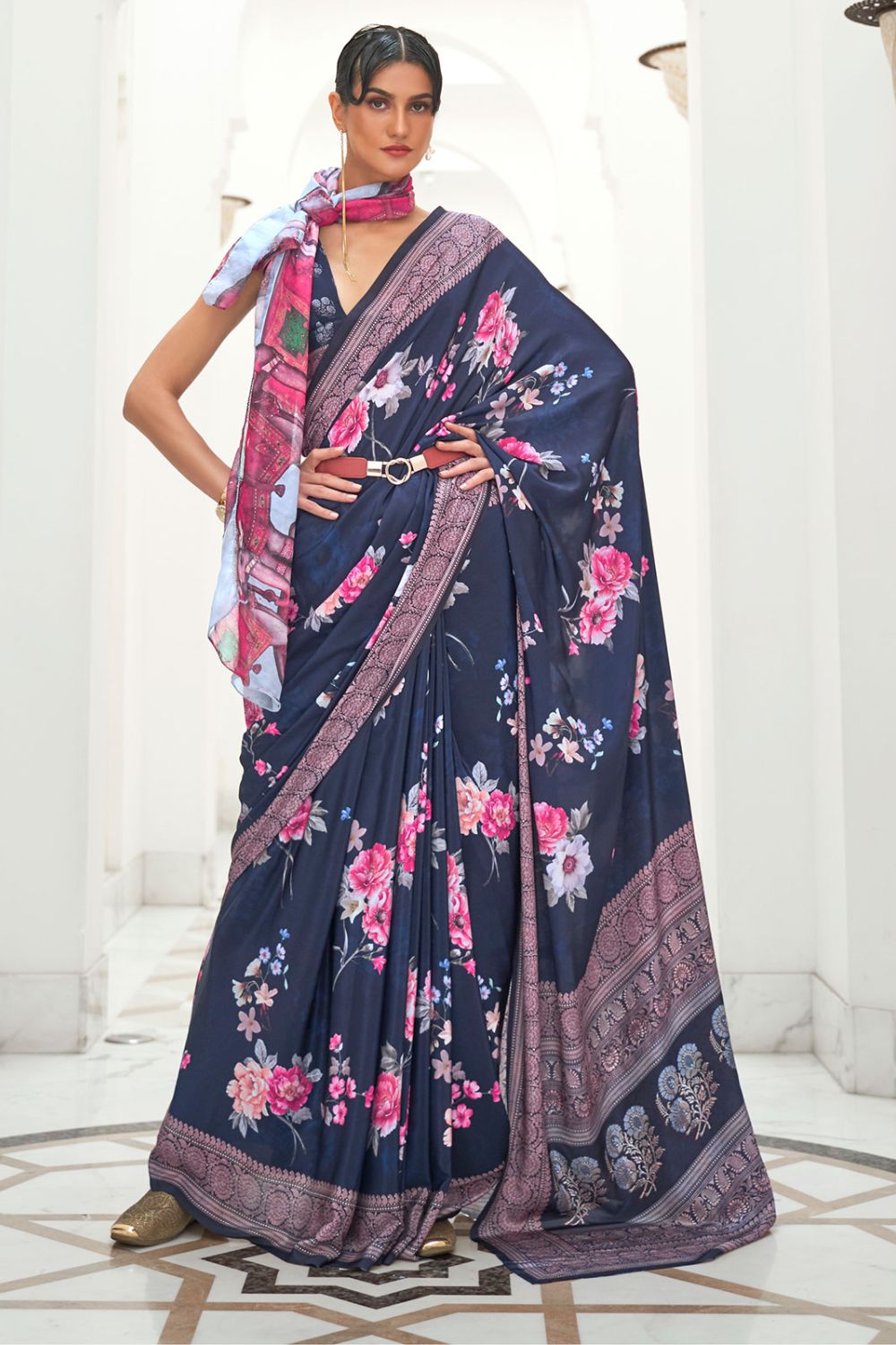 Black Digital Printed Pure Silk Crepe Party Wear Saree