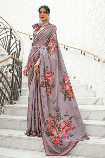 Dusty Grey Digital Printed Pure Silk Crepe Party Wear Saree