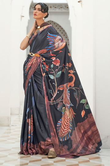 Charcoal Black Digital Printed Pure Silk Crepe Party Wear Saree