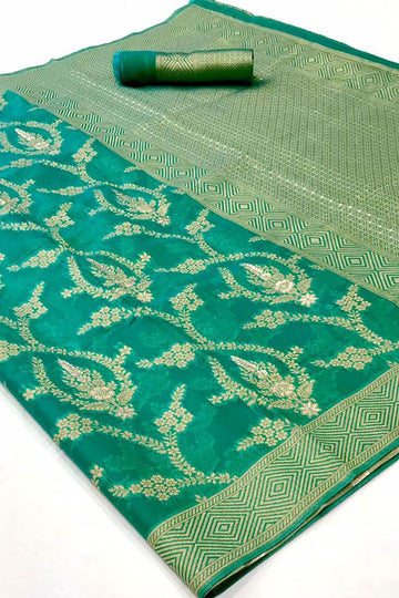 Rama Green Woven Organza Saree for Party