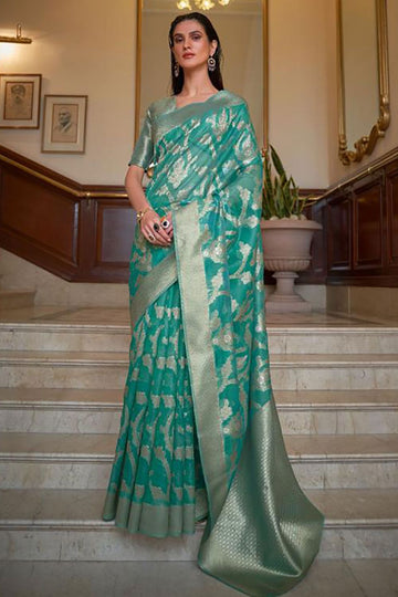 Rama Green Woven Organza Saree for Party