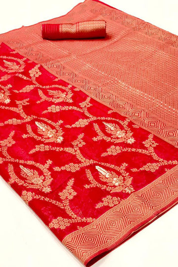 Hot Red Woven Organza Saree for Party