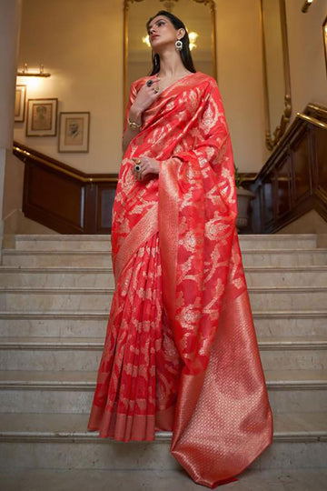 Hot Red Woven Organza Saree for Party