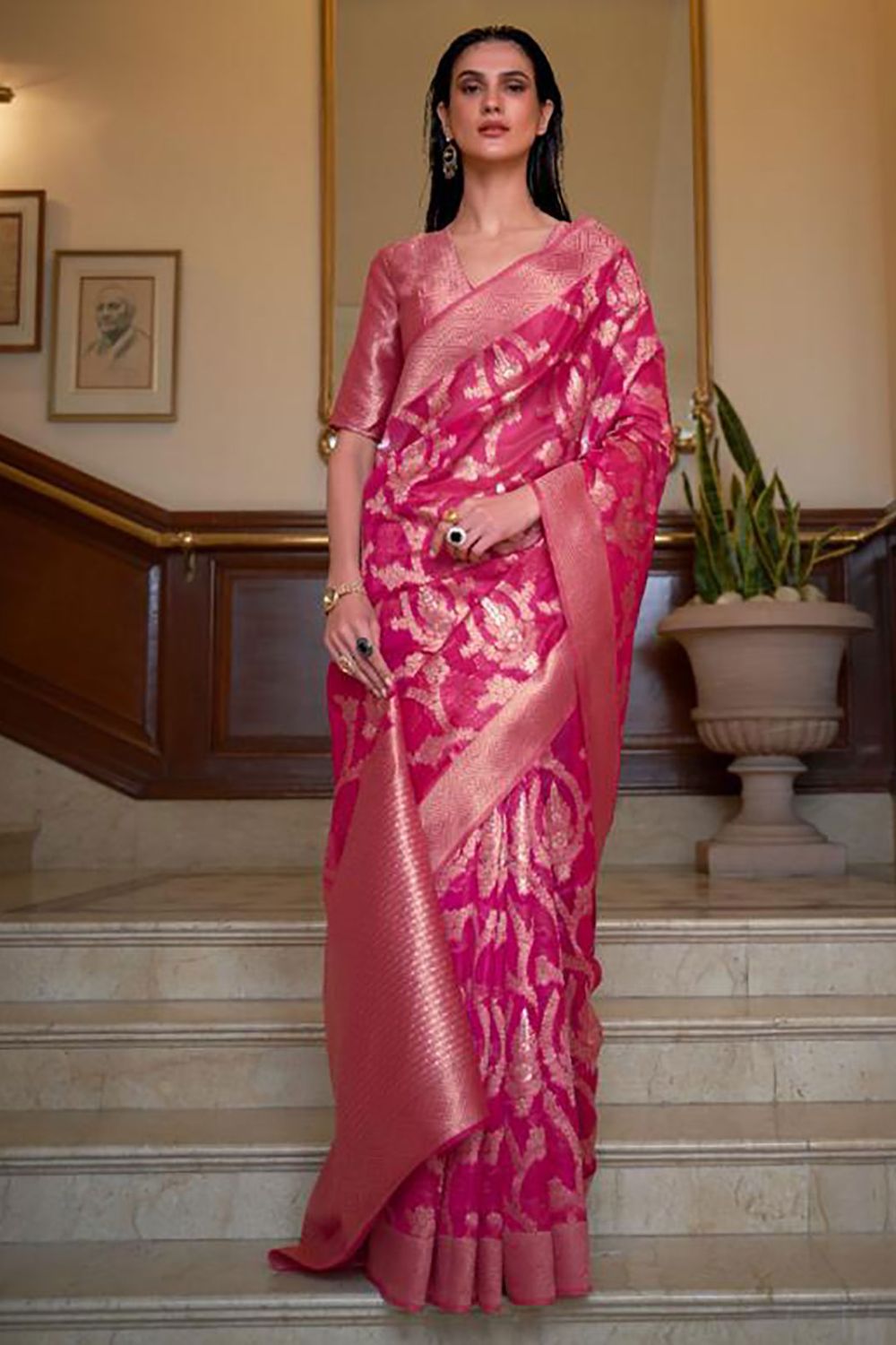 Gajari Pink Woven Organza Saree for Party