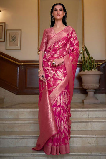 Gajari Pink Woven Organza Saree for Party