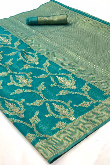 Aqua Blue Woven Organza Saree for Party