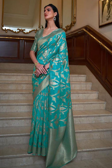 Aqua Blue Woven Organza Saree for Party