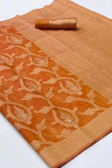 Golden Orange Woven Organza Saree for Party