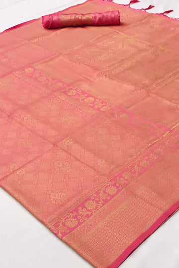 Cherry Pink Handloom Weaving Silk Party Wear Saree