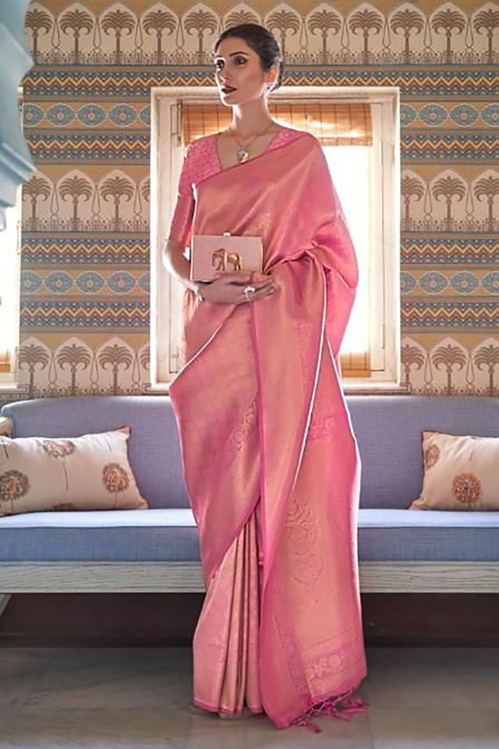 Cherry Pink Handloom Weaving Silk Party Wear Saree