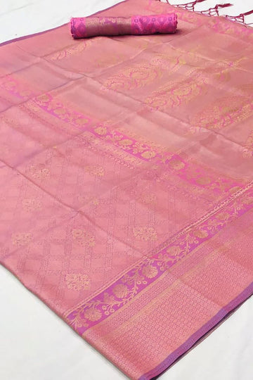 Lilac Pink Handloom Weaving Silk Party Wear Saree