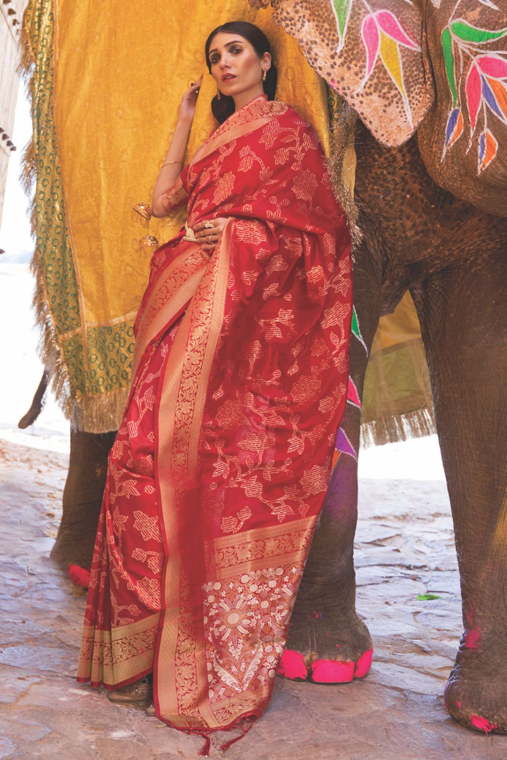 Cherry Red Woven Handloom Silk Saree for Festival