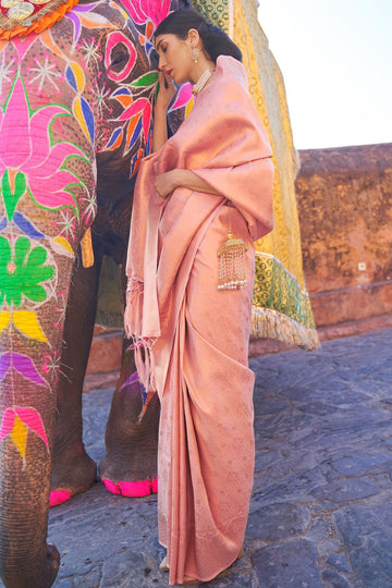 Blush Peach Handloom Weaving Silk Saree