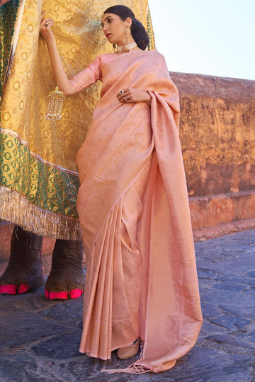 Blush Peach Handloom Weaving Silk Saree