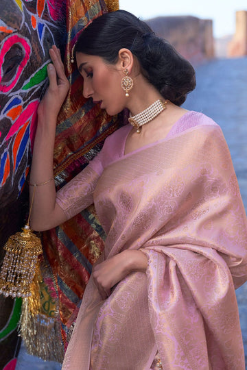 Lilac Pink Handloom Weaving Silk Saree