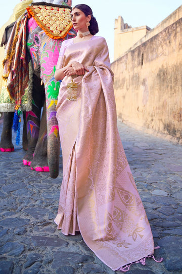 Lilac Pink Handloom Weaving Silk Saree