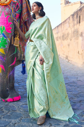 Mint Blue Handloom Weaving Silk Saree