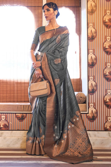 Graphite Grey Copper Zari Weaving Tussar Silk Saree for Party