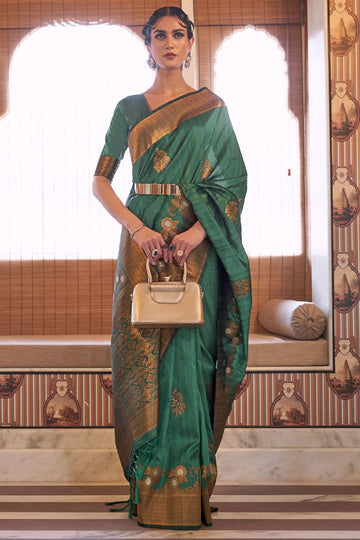 Rama Green Copper Zari Weaving Tussar Silk Saree for Party