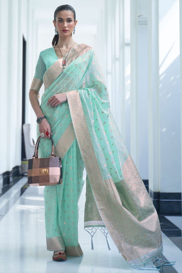 Aqua Mint Art Silk Woven Saree for Festival