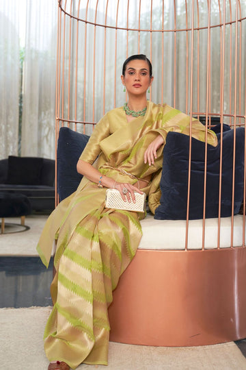 Pistachio Green Handloom Weaving Organza Festival Wear Saree