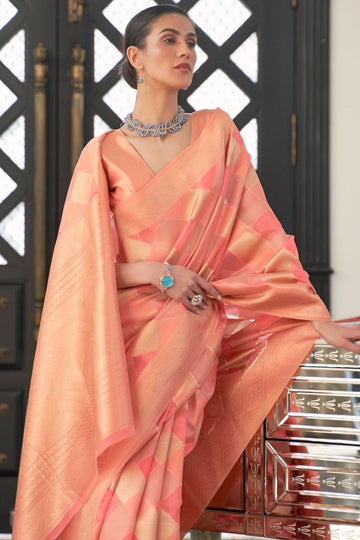 Peach Handloom Weaving Organza Festival Wear Saree