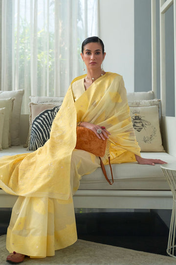 Pastel Yellow Chikankari Weaving Party Wear Saree