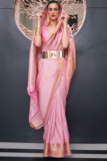 Rose Pink Handloom Weaving Soft Silk Saree for Party