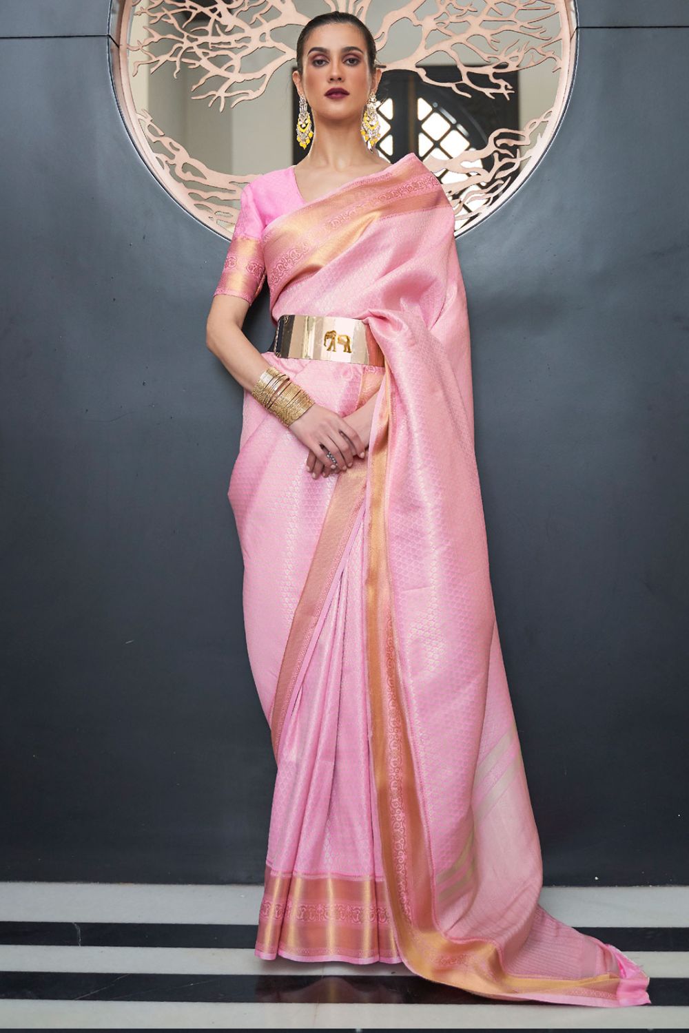 Rose Pink Handloom Weaving Soft Silk Saree for Party