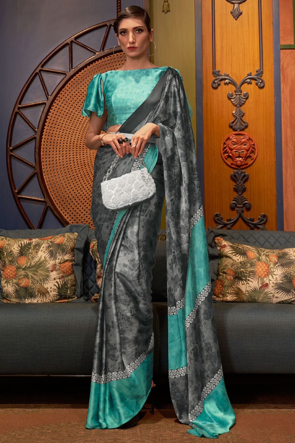 Slate Grey Digital Printed Crepe Party Wear Saree